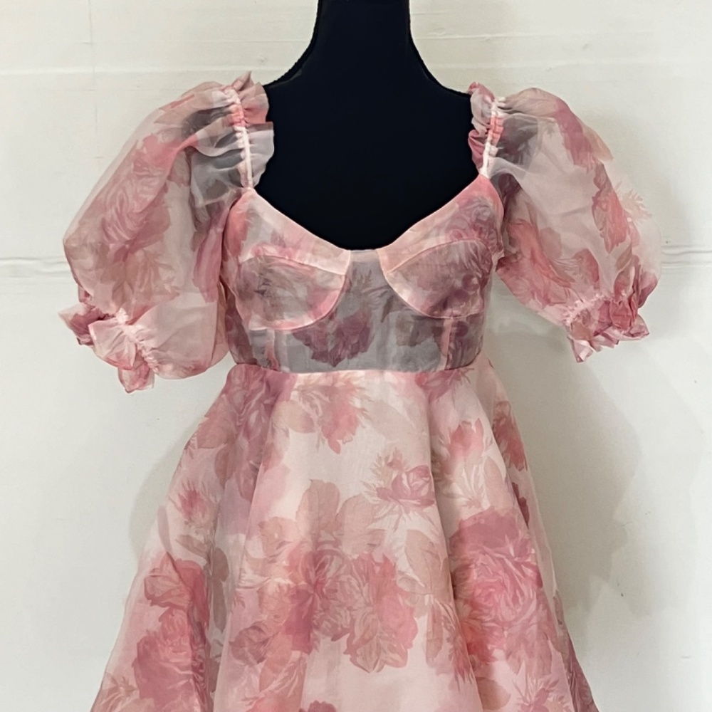 Pink Floral Puff-Sleeve Mini Dress - Picture 9 of 11